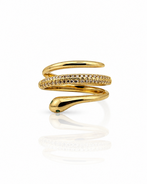 Bague Serpenta dorée serpent spirale avec zircons pavés et œil émeraude