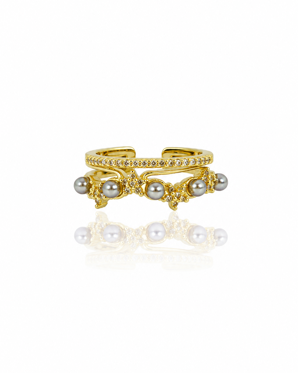 Bague Luna dorée double anneau perles grises étoiles zircons