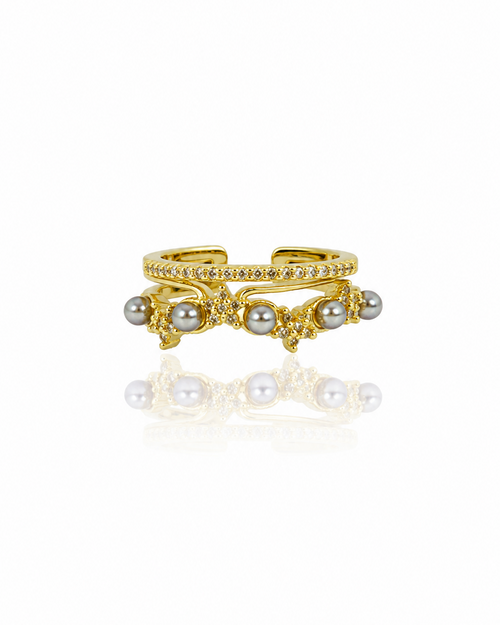 Bague Luna dorée double anneau perles grises étoiles zircons
