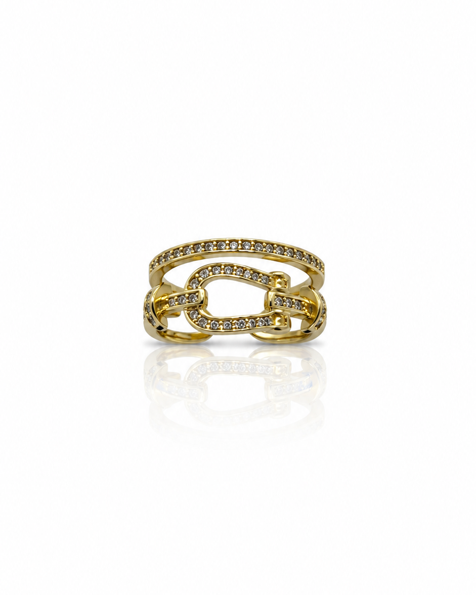 Bague Linko dorée double anneau maillon central pavé zircons