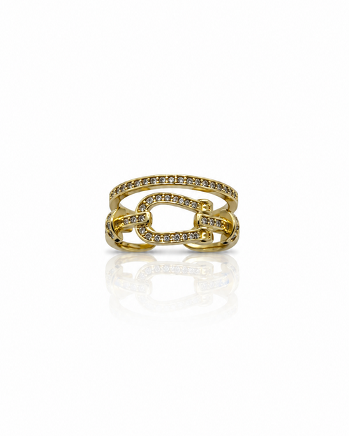 Bague Linko dorée double anneau maillon central pavé zircons