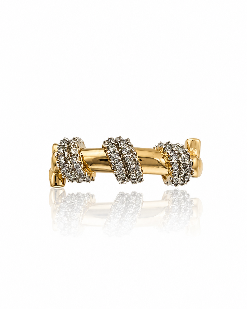 Bague Nodo dorée trois nœuds pavés zircons anneau lisse